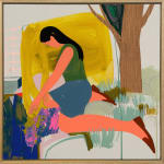 framed painting - a woman kneeling on the ground with a large yellow shape behind her