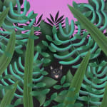 Painting of a black cat hissing through a bunch of plants and leaves with a lavender sky in the background by John Slaby.
