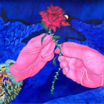 two red hands holding a rose covered in thorns over a blue background