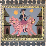 Painting of woman with a wide brimmed hat, pink shirt and black jacket holding a shot gun sitting on two pink tigers