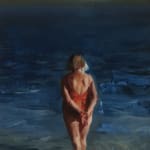 Kim Cogan painting of older woman in red bathing suit standing in ocean