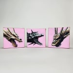 Three small paintings of dragon heads on pink backgrounds
