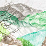 sketch of a mountain scene with tree branches peaking out of the left side