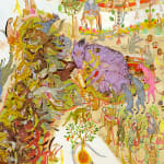 Detail shot of Mu Pan painting of animals and human hybrid creatures eating, fighting, sleeping, etc
