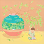 Danym Kwon - painting of a vase with tree branches, on the right a boy reading a book on the floor.