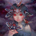 Painting of a female figure with red eyes in a cloud of purple smoke surrounded by purple and red moths