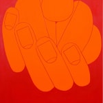 Painting of an orange hand holding a hotdog at eye level on a red background