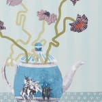 detail of Lizzie Gill painting of blue teapot with purple flowers coming out of it. Blue patterned background