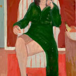 Painting of a woman in a green dress sitting a red and white stripped armchair with a white chihuahua sitting at her feet