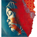 side profile of a woman with her eyes closed with red patterned side bleeding into portrait