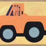 Painting of an orange pickup truck on a yellow background with a figure with long ears sitting in the drivers seat