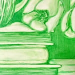 detail of Grace Tobin painting in green tones. Stack of books, coffee mug and flowers partially visible