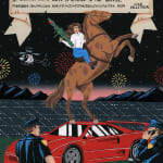 Painting of a woman riding on a bucking horse holding a gun on top of a red car with two police officers standing nearby