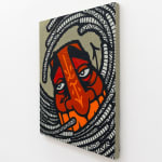 Painting by GATS of a GATS character in red and orange with long tentacles wrapping around its head and the corners of the painting