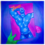 Painting of a green hand holding a photo of a blue muscular man in a speedo with the word Jazz! across the top.