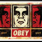 three panel image of a mans face with two red panels on the outside and a red one in the middle, and the text "Giant, OBEY, giant" on the bottom