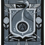 Gray-scale painting of a crest like composition depicting a crane, hydrangeas, and a peacock shadow, and arrows by artist Jeremy Fish