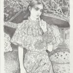 Drawing of a woman with her hand pointing to her lips and the other is holding a pair of sheers. . There si a tree and a small house n the background