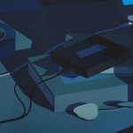 Still life painting of a desk in the dark. There is a laptop propped up on top of two books, blue masking tape, a computer hard drive and a tulip.