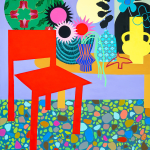 Painting of an interior with a bright red wooden chair next to a table that is full of flowers in vases on a purple background and pebble spotted floor