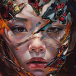 up close portrait of an asian woman with the side of her face covered in comic book imagery moving towards the center of her face