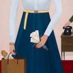 Painting of the bottom half of a woman wearing a white long sleeve blouse tucked into a navy circle skirt with a yellow and white stripped belt. The woman is holding a brown bag that has a loaf of bread peaking out of the top. In her other hand, she is holding white flowers. Behind the woman is a a small table with a black telephone on top of it and someone is grabbing the phone.