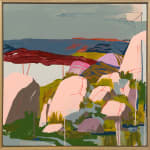 framed painting landscape scene of light pink rocks dripping over green grass