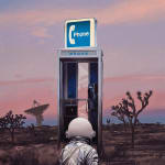 Painting by artist Scott Listfield depicting an astronaut in a white suit in the Mojave Desert, complete with Joshua Trees scattered throughout the landscape, facing an empty phone booth