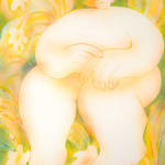 Anjelica Colliard - Painting of a rounded puffy figure sitting in bushes of white and yellow flower.