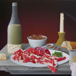 Casey Gray - Spray Painting of a stone table of wine, prosciutto, almond, bread, and candle in front of black background.
