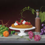 Still life painting of waffles with cream and strawberries on a platter surrounded by grapes and other fruit by Casey Gray