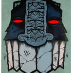 image of a tribal mask with red glowing eyes on a green background