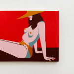Painting of woman laying out in the sun topless with a big sun hat on on a red background by Jillian Evelyn