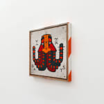 Painting by GATS of a GATS character in green orange and red on a white background