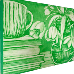 side view of Grace Tobin painting in green tones. Flowers in vase and stack of books with coffee mug on top
