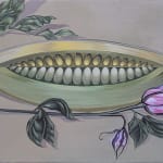 Sabrina Bockler painting of melon slice in muted tones, blue gray, green, purple florals below