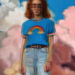 painting of a red headed girl with a blue shirt that has a rainbow on it by Alex Garant