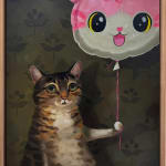 A painting of a brown cat holding a balloon of a pink cat.