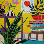 Mosaic still life of an interior with yellow walls, a purple shelf with striped vases with flowers, a stack of books on a stool with a potted plant on top and checkered rug.