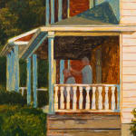 Painting of two old white houses on of a dirt road with grass and bushes in the front yard. On one of the porches, a man is cutting another mans hair.