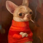 dog wearing an orange sweater smoking a cigarette
