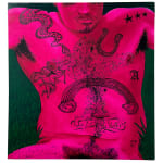 Painted of a naked person with several tattoos including a rainbow on their stomach, a snake and three stars on their shoulders, an angel on their ribs and a horse shoe on their chest. The person is painted in bright pink and black.