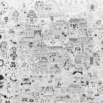 An ink drawing by Ferris Plock, filled with small drawings of animal characters with other objects like bikes.