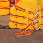 Painting of a bunch of bright orange and yellow life vest on the ground leaning up against a garage door.