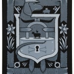 Gray-scale painting of a crest like composition depicting a dog wearing a plaid flat cap, daffodils, a cow and checken, and a padlock by artist Jeremy Fish