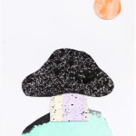 CHIAOZZA - paper collage of black with white spots mushroom on light cyan hill under an orange sun