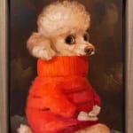 A painting of a seated white dog wearing a red sweater.