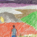 sketch of the back of a man standing facing series of mountains in different colors