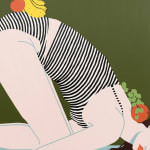 Jillian Evelyn - slumped female figure wearing stripped black and white top with fruits on her hips and back
