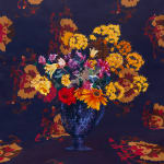 A Still life of a large bouquet of flowers in a vase with a floral pattern background by Francisco Diaz Scotto